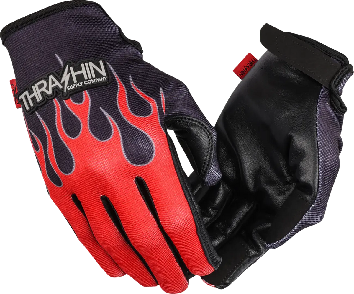 Thrashin Supply Co Stealth Flame Leather Palm Gloves Red