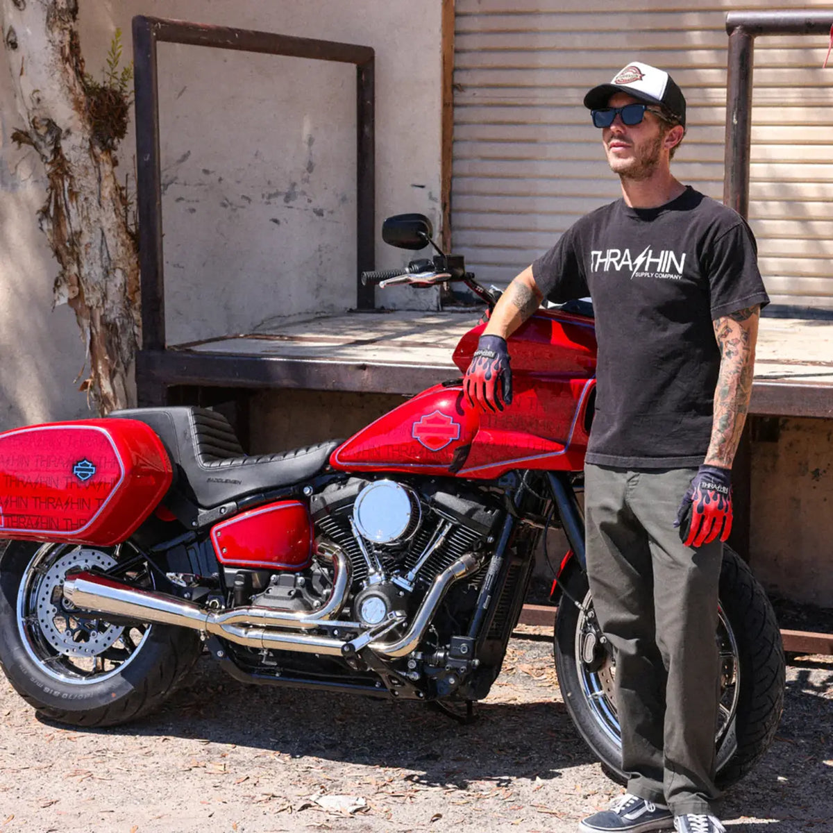 Thrashin Supply Co - Stealth Flame Leather Palm Gloves Red