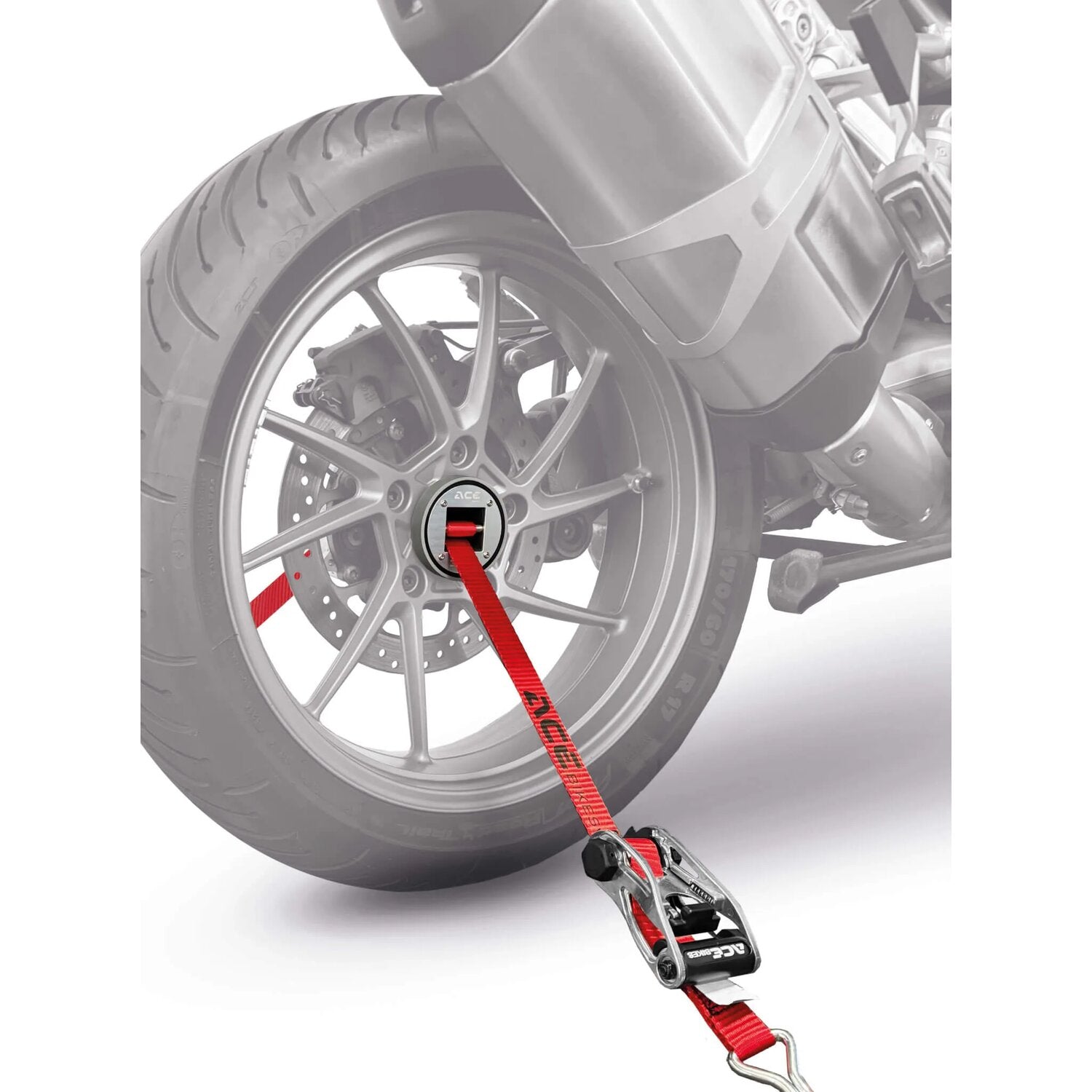 AceBikes CapStrap BMW open axle tie-down system