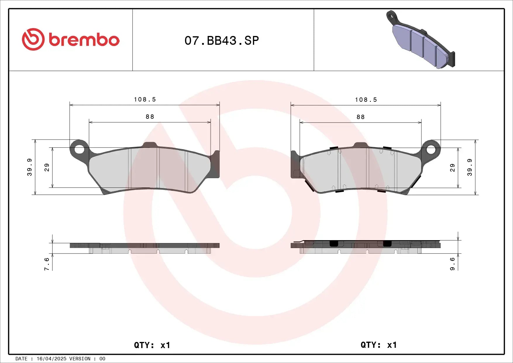 Brembo SP Prime Line Sintered Rear Brake Pad