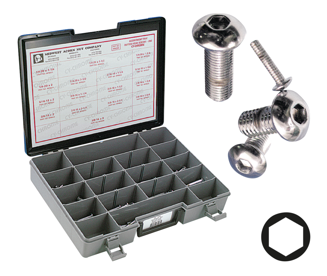 Midwest Acorn Nut Company Assortment Tray of Chrome Plated Larger Button Head Allen Screws – Hardware